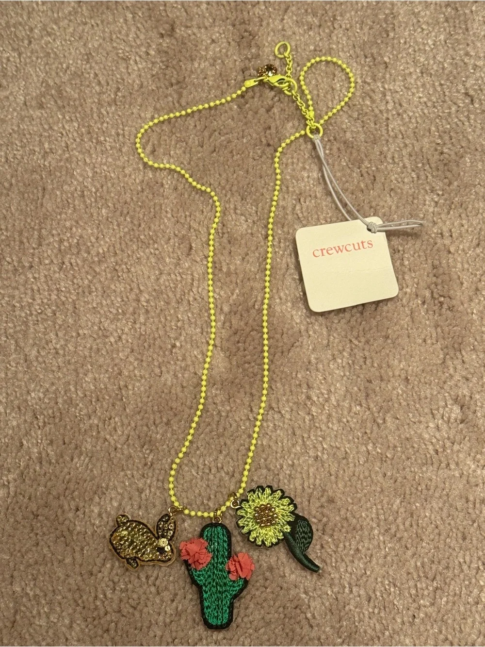 Crewcuts Neon Yellow Beaded Necklace with Cactus,Flower & Bunny Charms -NWT